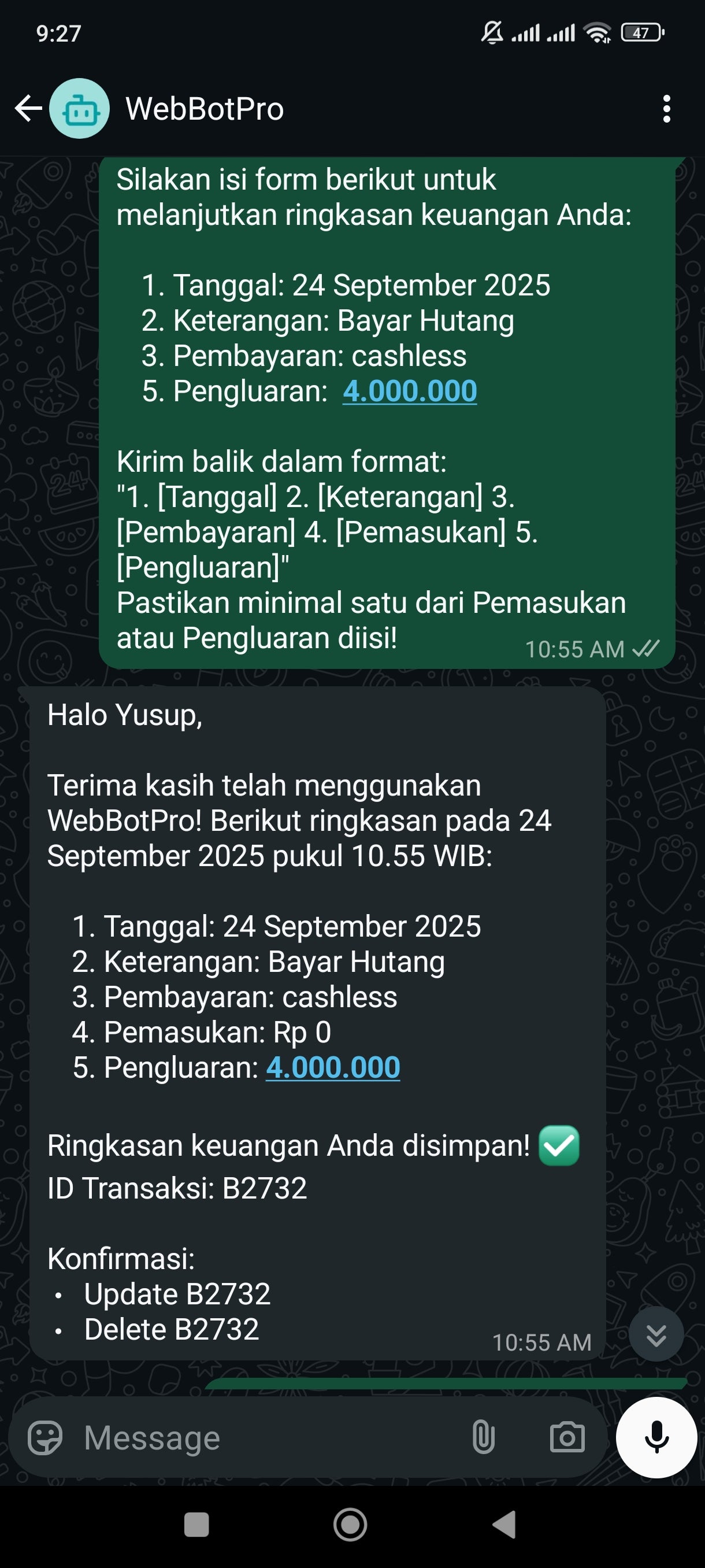 WhatsApp Bot Cashflow Automation