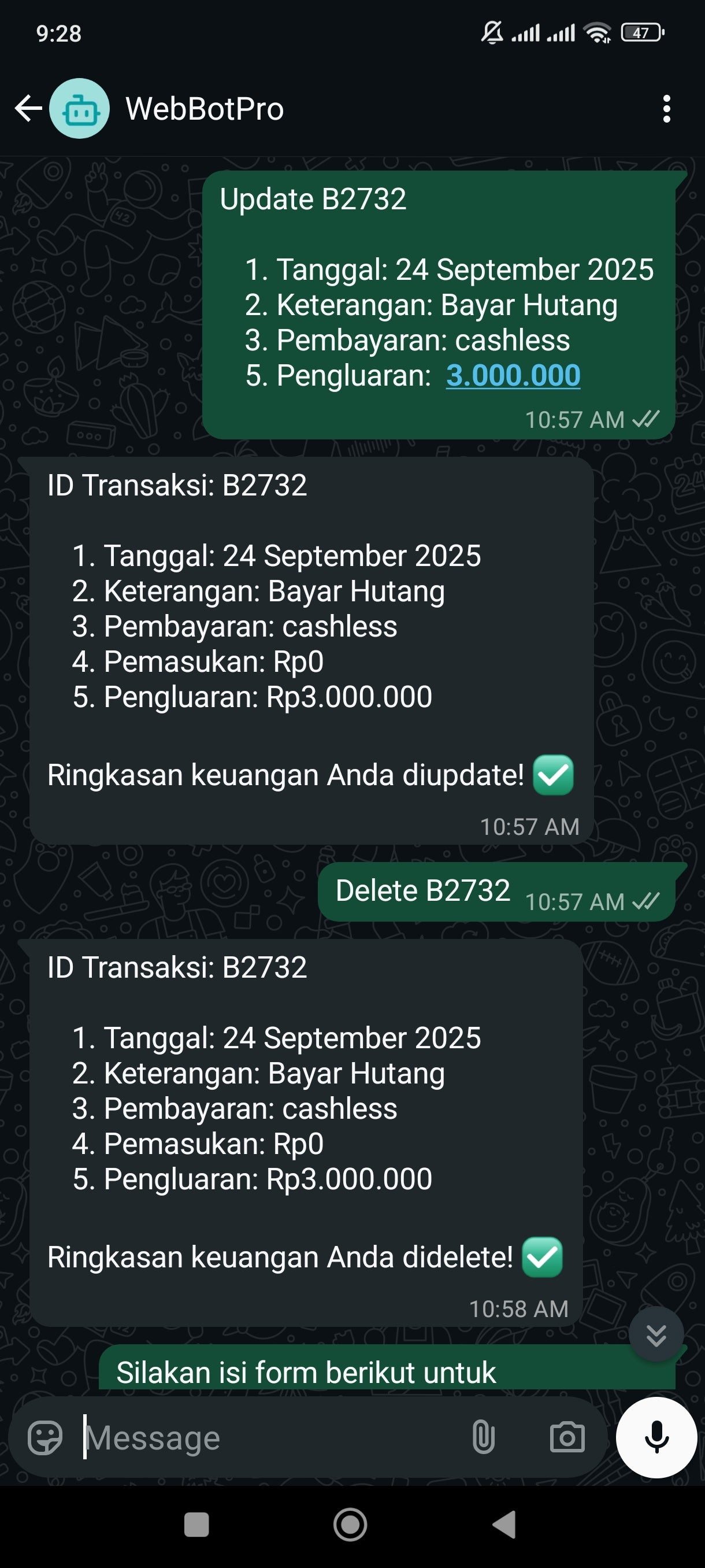 WhatsApp Bot Cashflow Automation